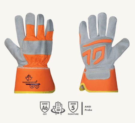 Superior Glove® Endura® 66BBTX Hi-Vis Split Leather Fitters A6 Cut Gloves with Grip Strips